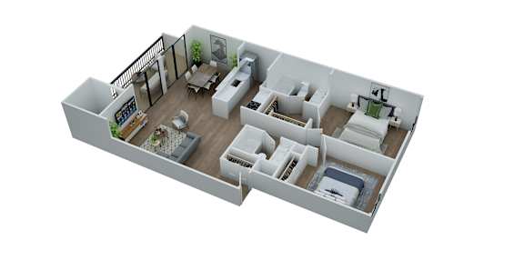 A 3D floor plan of a house with a kitchen, living room, and two bedrooms.
