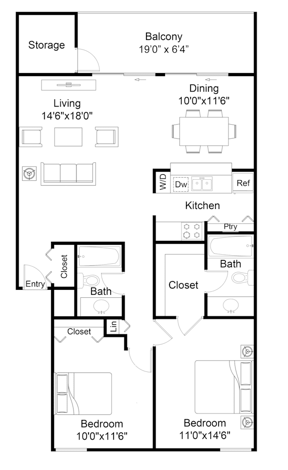 A floor plan of a house with a living room, two bedrooms, a kitchen, a bathroom, a storage area, and a balcony.