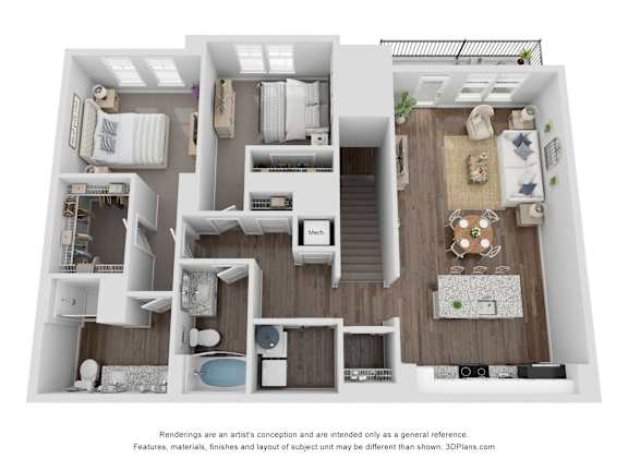 A 3D floor plan of a house with a kitchen, living room, and bedrooms.