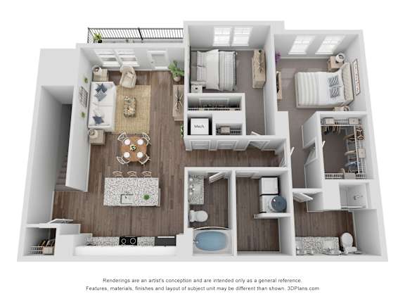A 3D floor plan of a house with a kitchen, living room, and bathroom.