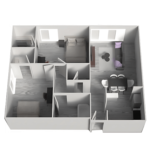 A 3D rendered image of a house layout.
