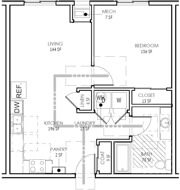 Floor Plan  A floor plan of a home with a living room, bedroom, kitchen, pantry, and laundry area.