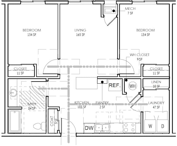 A floor plan of a house with two bedrooms, a living room, a kitchen, a pantry, a laundry room, a bathroom, a coat closet, and a linen closet.