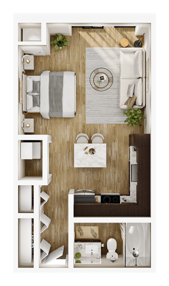 A top-down view of a small, neatly organized bedroom with a bed, desk, and chair.