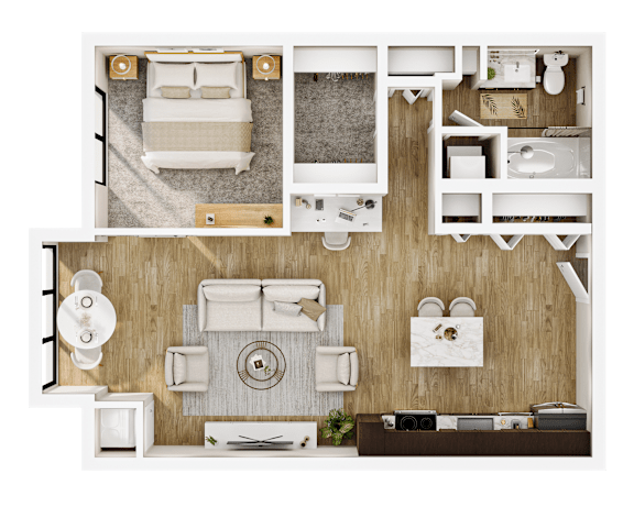 A top-down view of a well-organized, modern bedroom and bathroom.