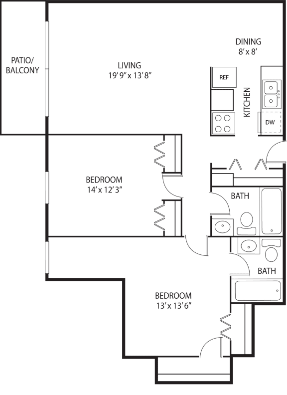 Floor Plan  2 bed 2 bath floor plan H at Axon Green, Minneapolis, Minnesota