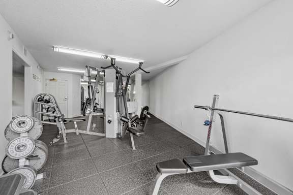 A gym with a variety of equipment including a weight bench, a cable machine, and a barbell.