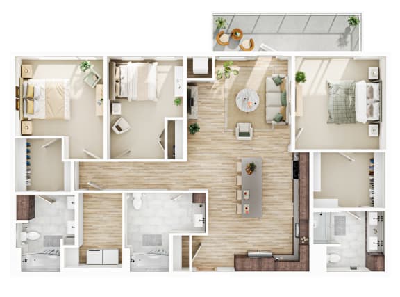 3 bedroom 1 bath D-1 Floor Plan at The Mera, St Louis Park, MN, Minnesota, 55426
