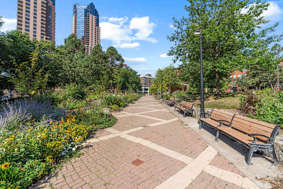 Walking paths in Mears Park in Lowertown Saint Paul, MN 55101