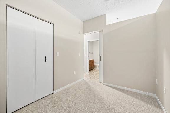 A hallway with a white door on the left and a white closet door on the right.