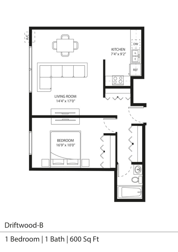 the floor plan of driftwood b 1 bedroom | 1 bath | 600 sq ft