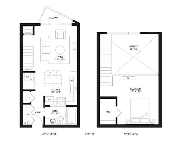 A black and white floor plan of a two-level home with labeled rooms and dimensions.