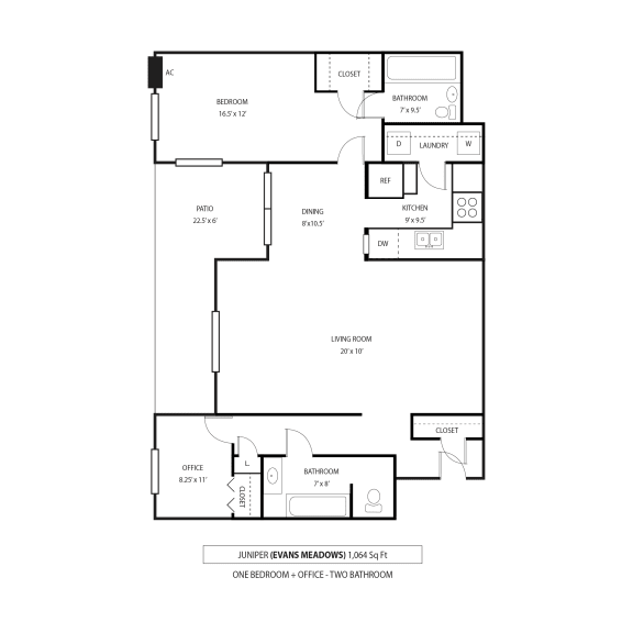 Juniper Floor Plan One Bedroom + Office + 2 Bathrooms at Evans Meadows, Elk River, MN