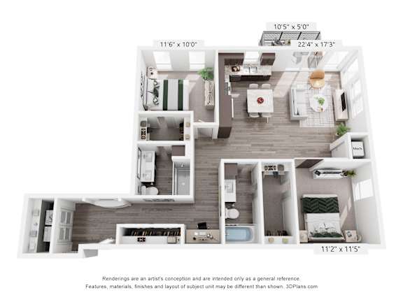 A 3D floor plan of a small apartment with a kitchen, living room, and bedrooms.