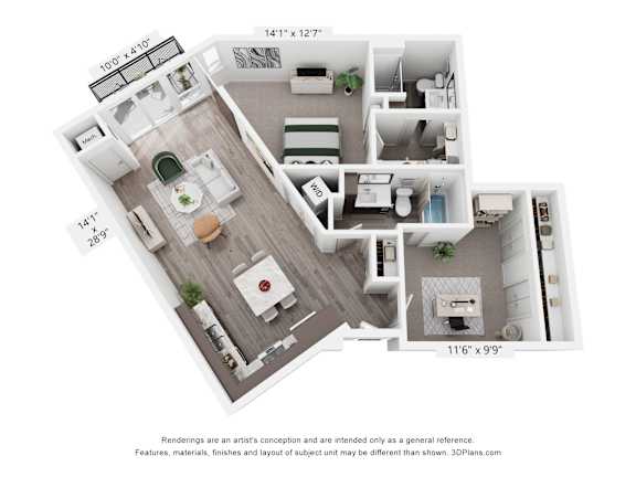 A 3D floor plan of a house with a kitchen, living room, and two bedrooms.