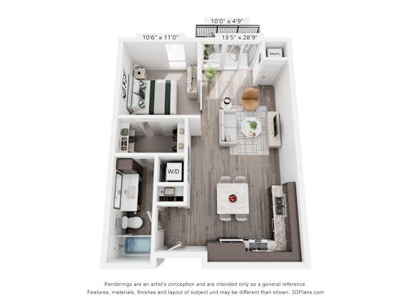 A 3D floor plan of a small apartment with a kitchen, living room, and bathroom.
