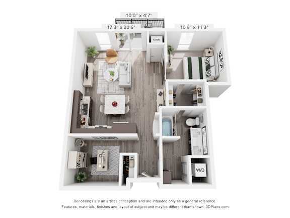A 3D floor plan of a small apartment with a kitchen, living room, and bathroom.