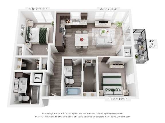 A 3D floor plan of a small apartment with a kitchen, living room, and bathroom.