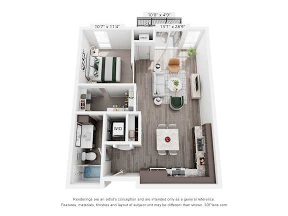 A 3D floor plan of a small apartment with a kitchen, living room, and bathroom.