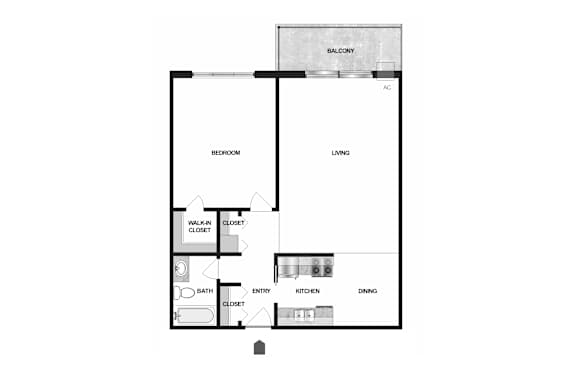 A floor plan of a house with a balcony, bedroom, living room, kitchen, dining room, bathroom, and entry.