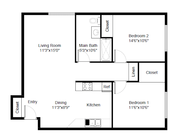 Floor Plan  A floor plan of a small apartment with two bedrooms, a living room, a dining area, a kitchen, and a main bathroom.