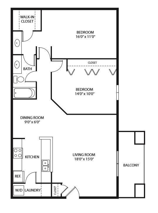 2 Beds | 1 Bath | 1,034 Sq. Ft. | Lodge A Floor Plan at Evans Meadows Apartments in Elk River, MN