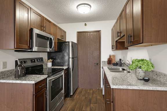 A kitchen with a black refrigerator and stove.