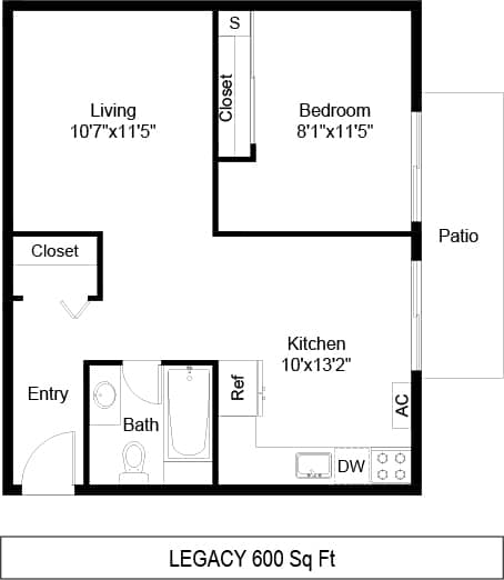 A floor plan for a 600 square foot home with a living room, bedroom, patio, kitchen, bathroom, and closet.