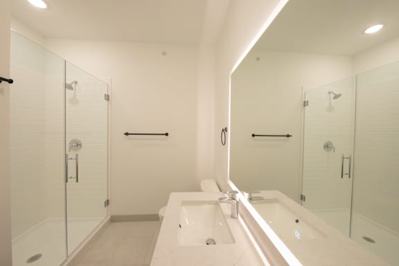 Primary bathroom in the C4 two bedroom two bathroom floor plan at The Mera in St. Louis Park, Minnesota