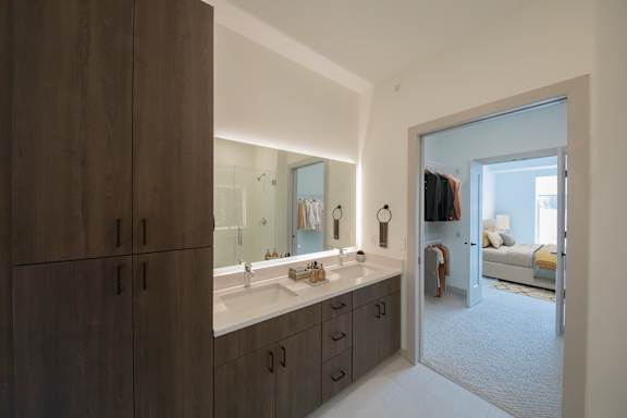 Primary bathroom in the CC3 two bedroom plus den, two bathroom floor plan at The Mera in St. Louis Park, Minnesota