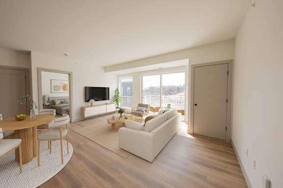 Living room in the CC3 two bedroom plus den, two bathroom floor plan at The Mera in St. Louis Park, Minnesota