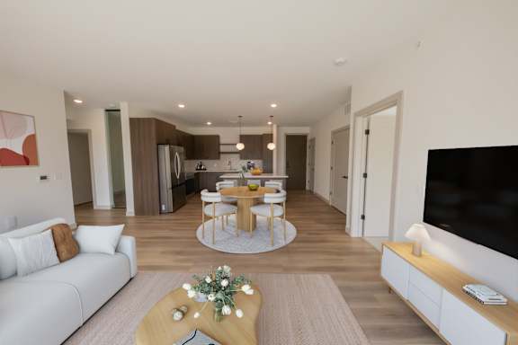 Living room, kitchen, and dining area in the CC3 two bedroom plus den, two bathroom floor plan at The Mera in St. Louis Park, Minnesota