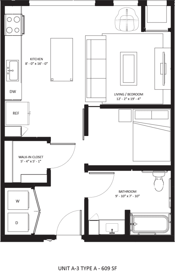 1 bedroom 1 bathroom area A-3 TYPE A Floor Plan at The Mera, St Louis Park, MN