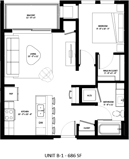 1 bed 1 bathroom B-1 Floor Plan at The Mera, St Louis Park Minnesota