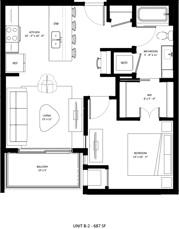 1 bed 1 bathroom B-2 Floor Plan at The Mera, Minnesota, 55426