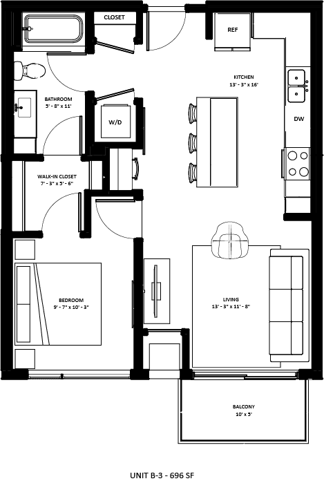 1 bedroom 1 bathroom B-3 Floor Plan at The Mera, St Louis Park Minnesota