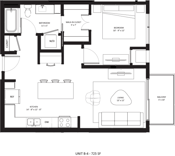 1 bedroom 1 bathroom B-4 Floor Plan at The Mera, St Louis Park, MN, 55426