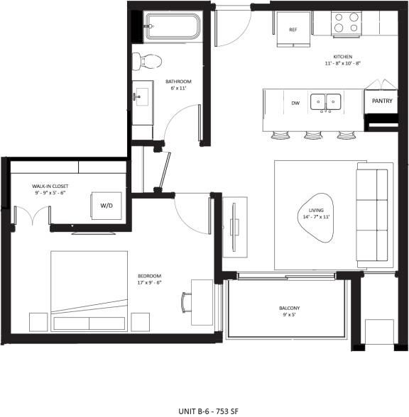 1 bedroom 1 bathroom B-6 Floor Plan at The Mera, St Louis Park, 55426