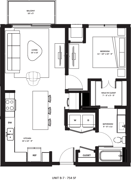 1 bedroom 1 bathroom B-7 Floor Plan at The Mera, St Louis Park