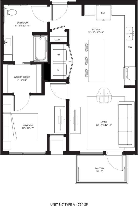 1 bed 1 bathroom B-7 Type A Floor Plan at The Mera, St Louis Park, MN, Minnesota, 55426