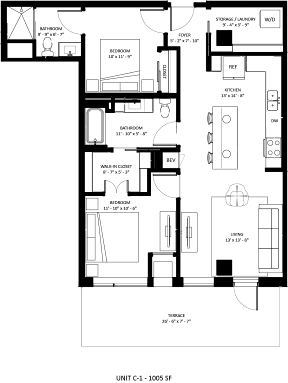 2 bedroom 2 bathroom C-1 Floor Plan at The Mera, St Louis Park, MN