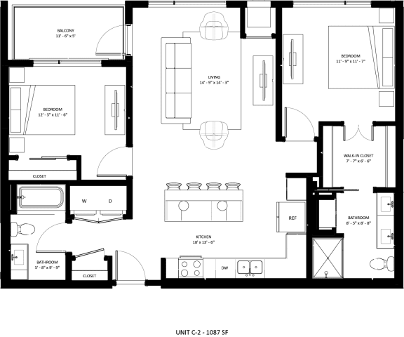 2 bed 2 bathroom C-2 Floor Plan at The Mera, St Louis Park Minnesota