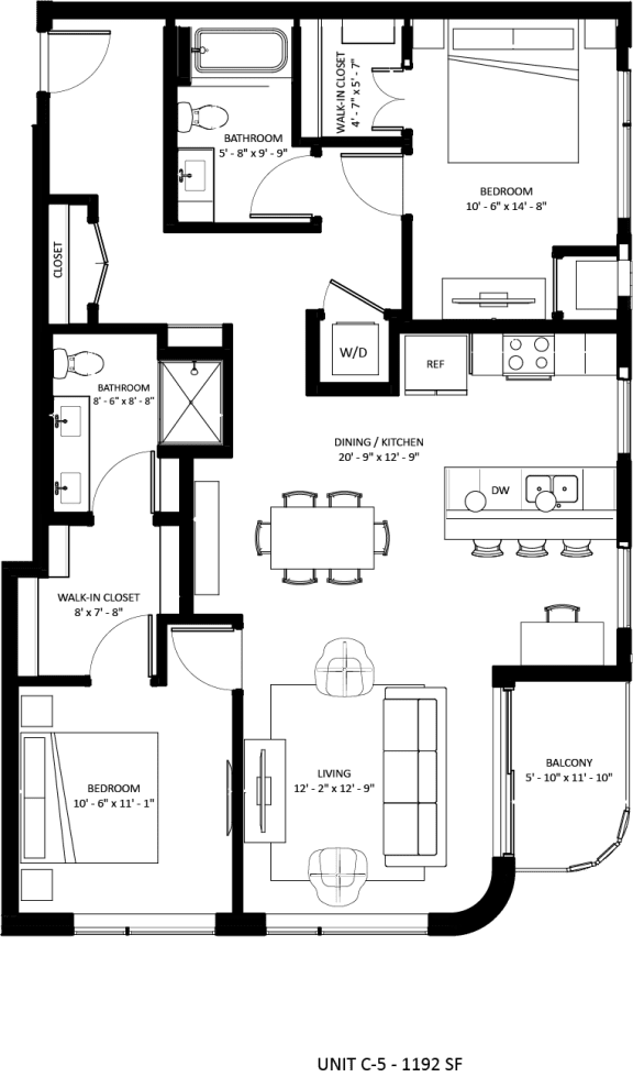 2 bedroom 2 bathroom C-5 Floor Plan at The Mera, Minnesota