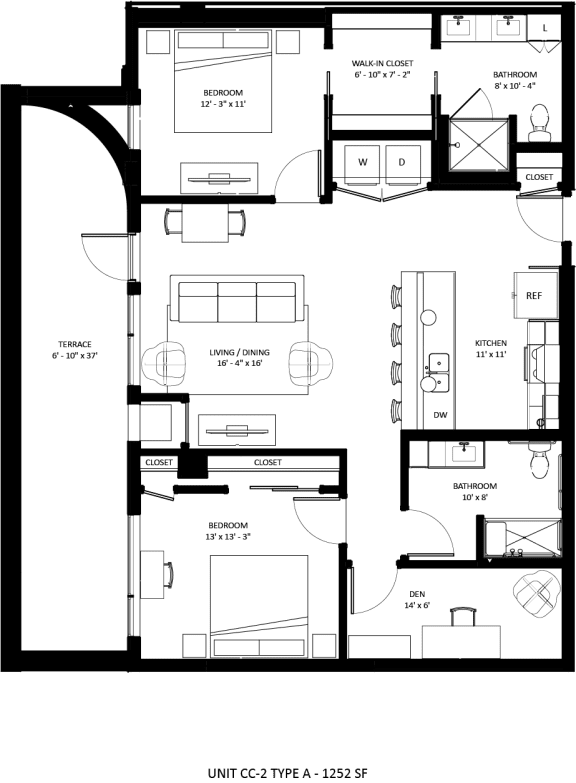 2 bedroom 2 bathroom CC-2 Type A Floor Plan at The Mera, St Louis Park