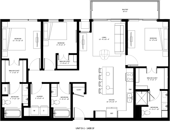 3 bedroom 2 bath D-1 Floor Plan at The Mera, St Louis Park, MN