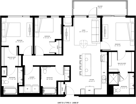 3 bedroom 1 bath D-1 Type A Floor Plan at The Mera, St Louis Park, Minnesota