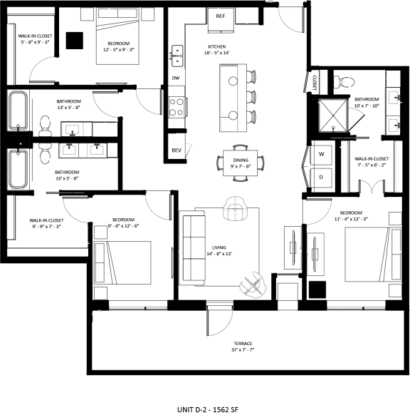 3 bedroom 2 bath D-2 Floor Plan at The Mera, Minnesota