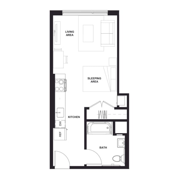 Floor Plan  a floor plan of a small apartment with a bedroom and a living room at Zelia on Seven, St Louis Park, MN, 55416