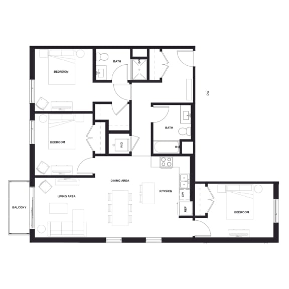 floor plan of the apartment with the furniture and the plans of the house at Zelia on Seven, Minnesota