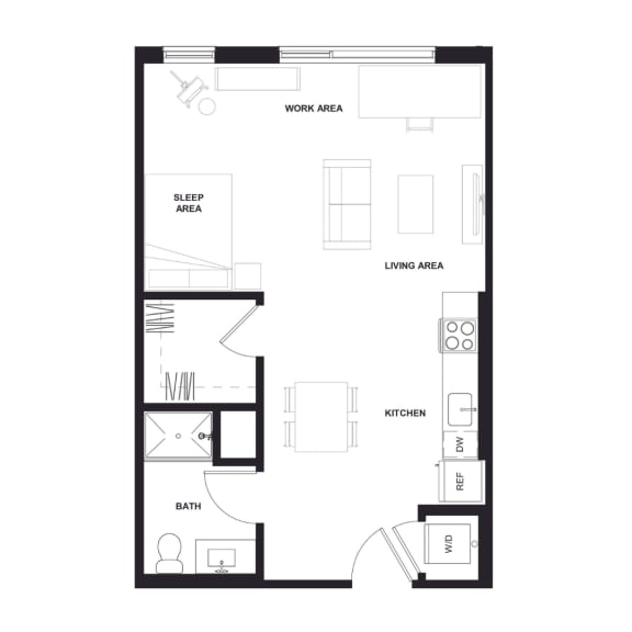 a floor plan of a unit with a bedroom and a living room a floor plan of a unit with a bedroom and a living room at Zelia on Seven, St Louis Park